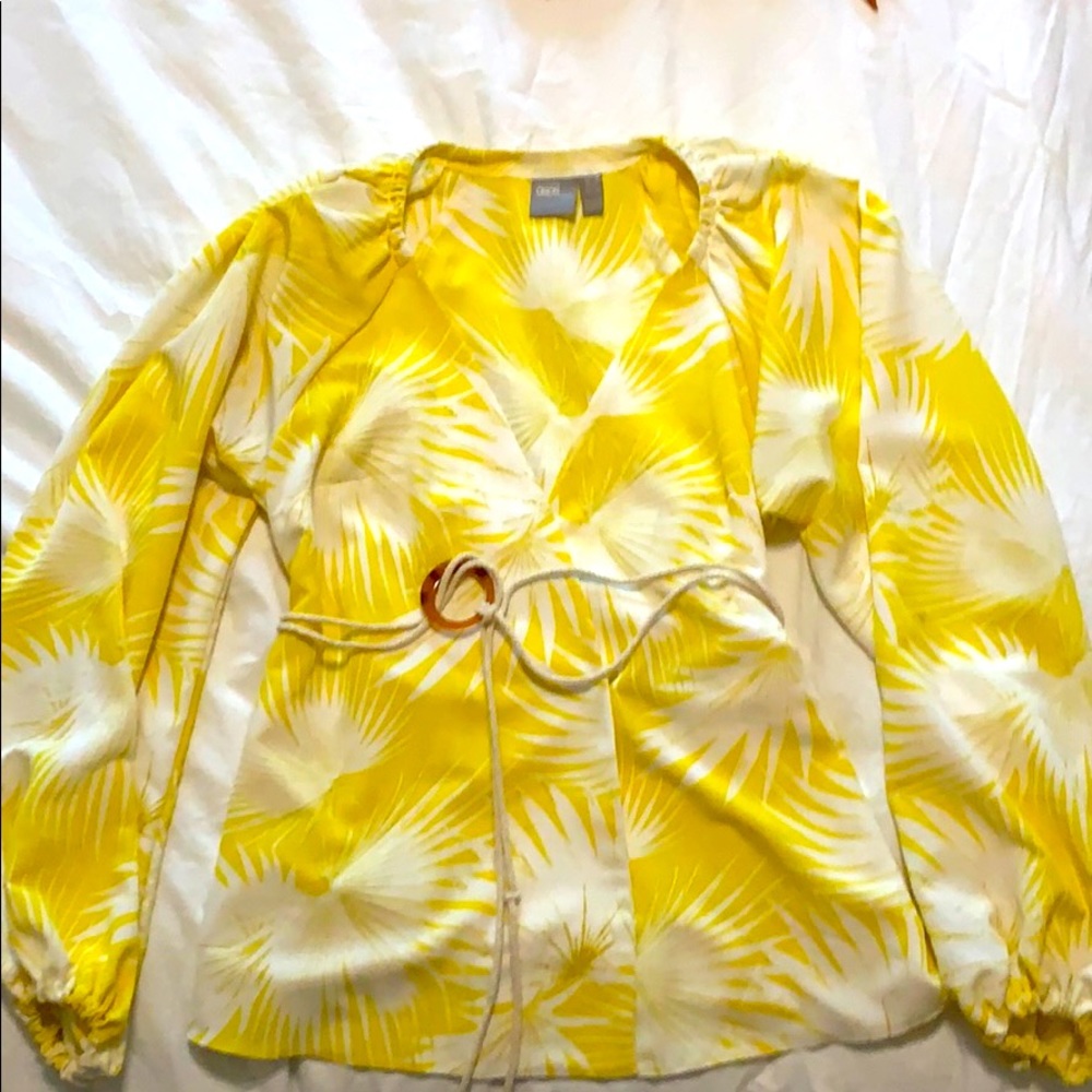 Puff sleeve yellow floral print tie waist blouse
